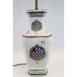 Chinese Export Armorial Style Ceramic Table Lamp with enamelled decoration of a Lattice Shield