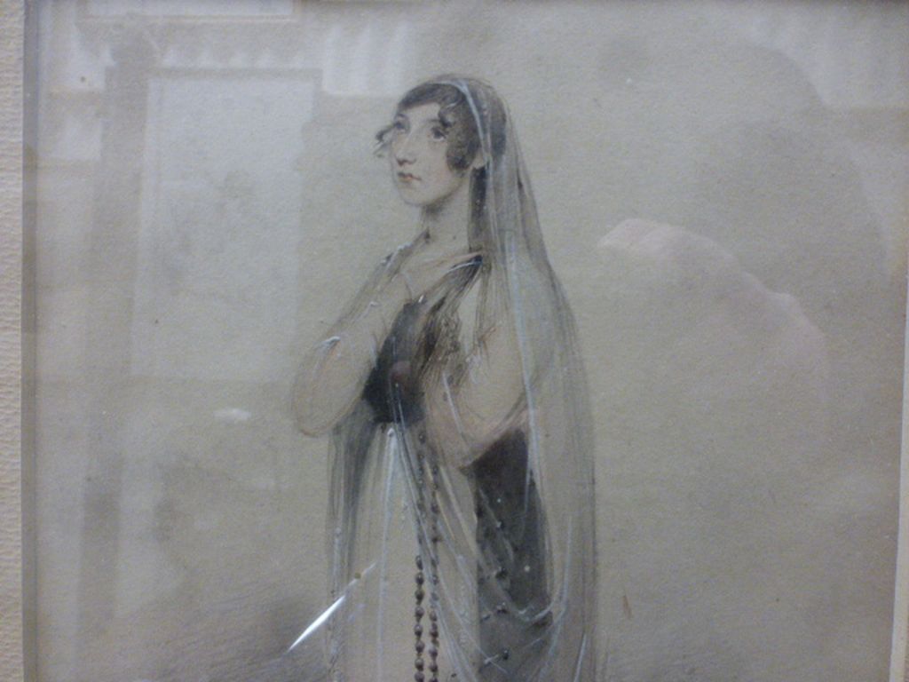 Early 19th century Watercolour of a Lady in a Veil holding Rosary Beads signed W Lester 1810, - Image 2 of 4