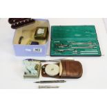 Small box of mixed vintage collectables to include; Cased Fowler's Calculator with Instructions,