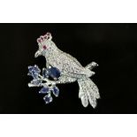 Silver Bird Brooch with Sapphire Body and Ruby Eyes