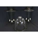 Pair of Brass Three Branch Hanging Ceiling Lights with Star Cut Glass Tops and Three Chains to