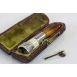 19th Century Amber, Meerschaum & white metal Cheroot holder with Moroccan leather case