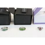Three boxed Gem set Silver Rings to include; Emerald, Russian Diopside/Diamond, Cats Eye Ruby