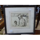 Pen and Ink Drawing of Mary reading with a child Jesus, 20cms x 16cms