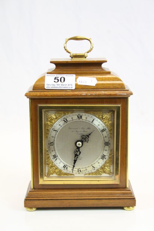 Elliot Mahogany Cased Mantle Clock retailed by Garrard & Co of London with Silvered Dial, 20cms