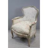 French White Painted Armchair with Silk Cream and Pink Flowered Patterned Upholstery