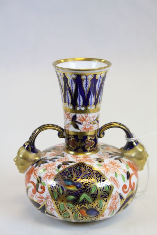 Royal Crown Derby Squat Vase, the Two Loop Handles with Gilt Mask Terminals, decorated in the