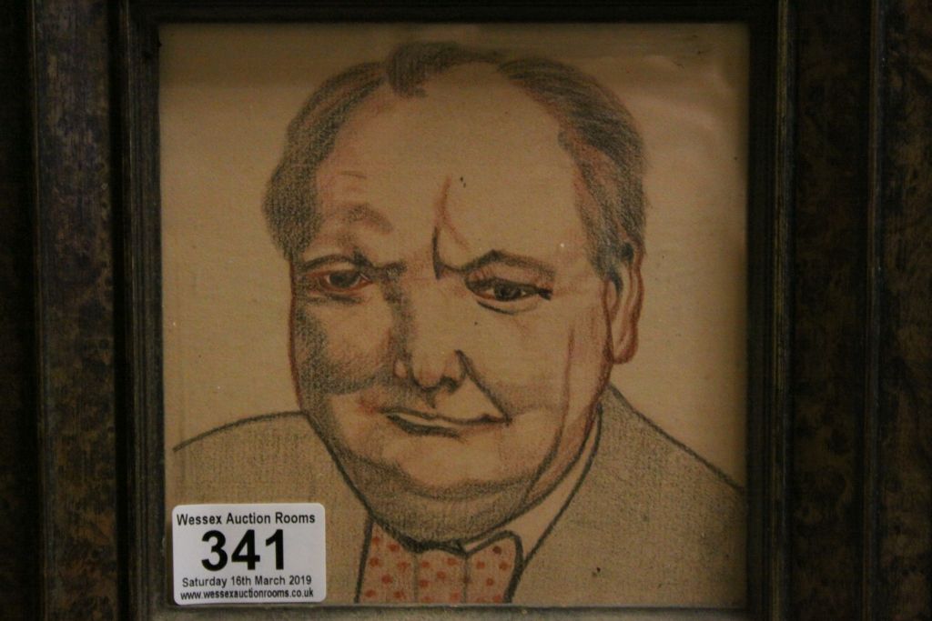 Portrait Drawing of Sir Winston Churchill in Walnut Veneer Frame - Image 2 of 2