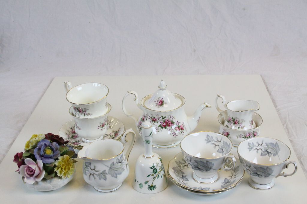 Royal Albert ' Lavender Rose ' Teaware including Small Teapot, Two Cups and Saucers, Milk and Sugar;