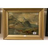 Oil on Panel of Cattle beside Lake and Mountains beyond, 19th century, indistinctly signed