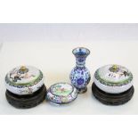 Pair of Cloisonne Lidded Squat Pots on Carved Wooden Stands together with another Cloisonne Lidded