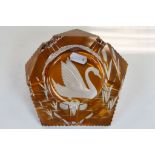 Amber Cut Glass Ashtray with etched Swan to base, in the manner of Baccarat