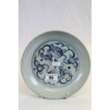 19th century Chinese Blue and White Dish with stylised bird decoration