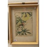 Oriental School Signed Japanese Woodblock Songbird in a Tree in Blossom