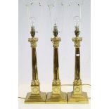 Three Matching Brass Corinthian Column Table Lamps, 46cms high