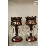 Pair of 19th century Ruby Glass Lustres with Gilt Decoration, 26cms high
