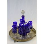 Blue Cut Glass Decanter (replaced stopper ) together with Six Blue Cut Glass Wine Glasses and a