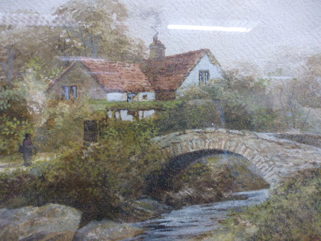 Sam Pride, Antique Framed Watercolour Figure in a River Landscape with Cottage and Bridge, signed - Image 2 of 3