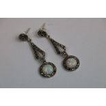 Pair of Silver Marcasite and Opal Drop Earrings in the Art Deco Style