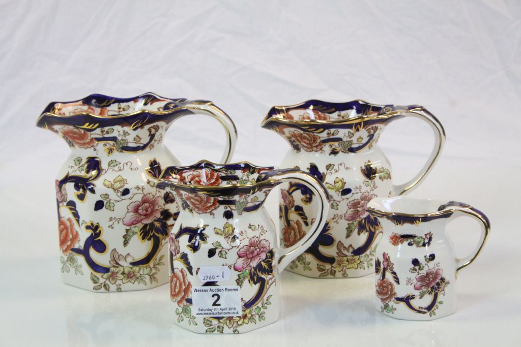 Set of four Mason's Ironstone graduating Jugs in "Mandalay" pattern, the largest standing approx