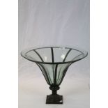 Large Glass Fluted Vase set in a Metal Stand, 47cms diameter x 36cms high