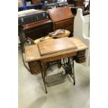 Early 20th century Singer Treadle Sewing Machine with Oak Top and Wrought Iron Treadle Base, 87cms