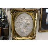 Marble Relief Oval Plaque depicting a Woman, 38cms x 30cms contained in an Ornate Gilt Frame