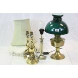 Brass Oil Lamp with Chimney and Green Glass Shade together with Three Brass Table Lamps