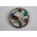 Silver and Enamel Set Brooch / Pendant in the form of a Bird set with Ruby Cabochons