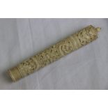 Victorian carved bone needle and thimble case, carved bird, butterfly and snake decoration, length
