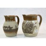 Two Studio Pottery Jugs, one with Heavy Horses and Farmers Scene, 21cms high and the other with
