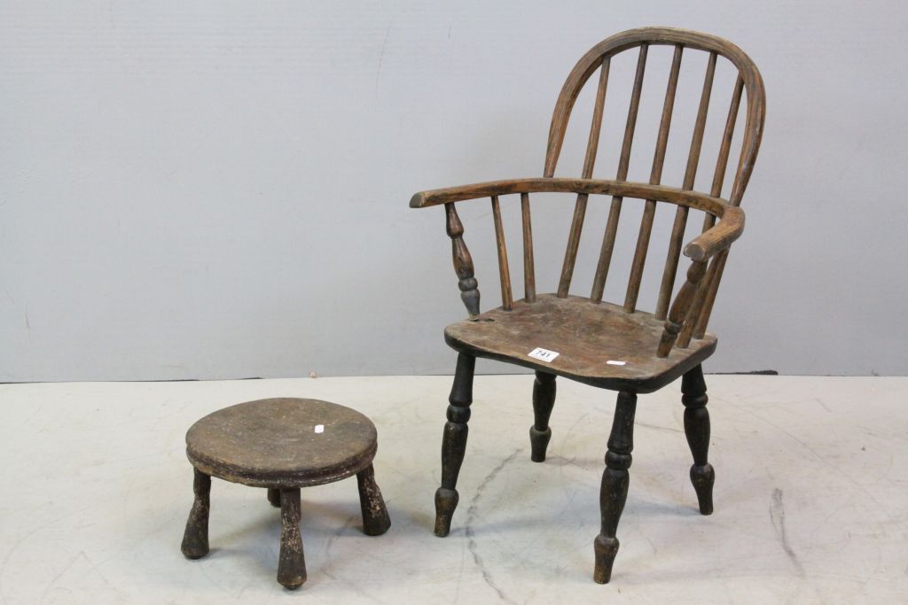 Antique Child's Hoop Back Windsor Elbow Chair with Elm Seat together with an Antique Elm Seated
