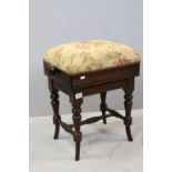 Victorian Mahogany Piano Stool with Rise and Fall action stamped Marsden's Patent, stuffed over