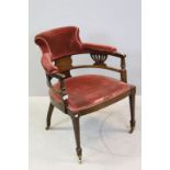 Edwardian Mahogany Inlaid Tub Salon Elbow Chair with Upholstered Back Rail and Seat