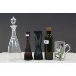 Collection of Five Items of Glass including J Powell Decanter, Comical Enamel Glass Mug, In the