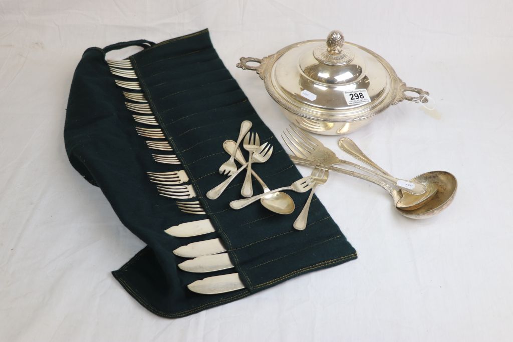 Christolphe silver plated twin handled tureen, ladle and another smaller together with a meat