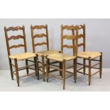 Set of Five Oak Ladder Back and Rush Seated Dining Chairs together with another similar chair