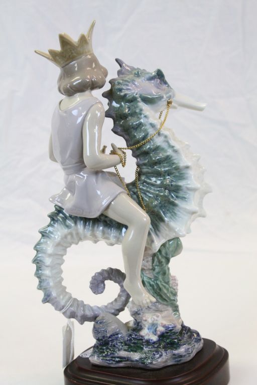 Large Lladro ceramic model "Mermaid on Seahorse", with attached wood effect base, stands approx 32cm - Image 4 of 5