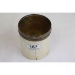 Victorian Ivory brush pot with white metal collar, gilt interior and wooden base, the white metal
