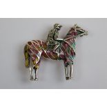 925 Silver Plique a Jour Marcasite Enamel Horse & Jockey Brooch