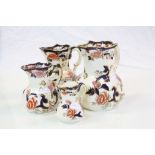 Four graduating Mason's Ironstone ceramic Hydra jugs in "Mandalay" pattern, the largest approx