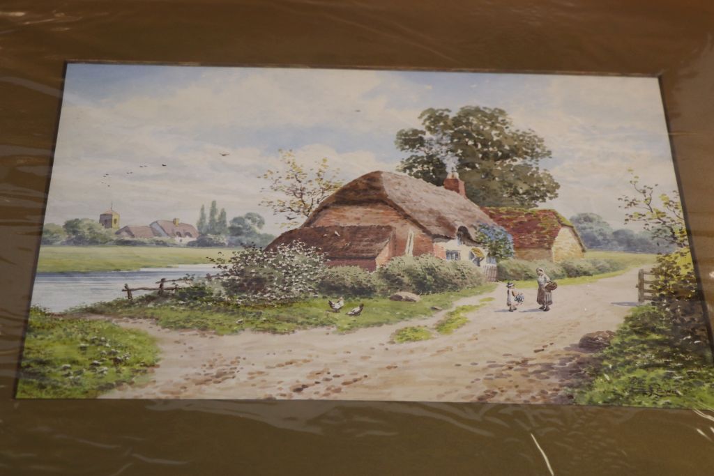 E. Lewis (Early 20th century) Watercolours, Four Rural Scenes with Cottages, Figures, Animals and - Image 4 of 5