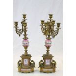 Pair of 19th century Brass Candlesticks with Sevres Style Panels depicting Cherubs (one branch