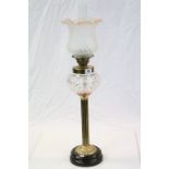 Large vintage Oil lamp with Brass column, cut glass Reservoir and flared glass Shade, comes with