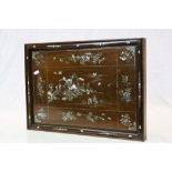 Japanese Hardwood Panel with Pictorial Mother of Pearl Inlay depicting Figures in a Landscape