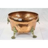 Copper log basket with rivet joins, Brass Lion masque handles and Claw feet, stands approx 30cm