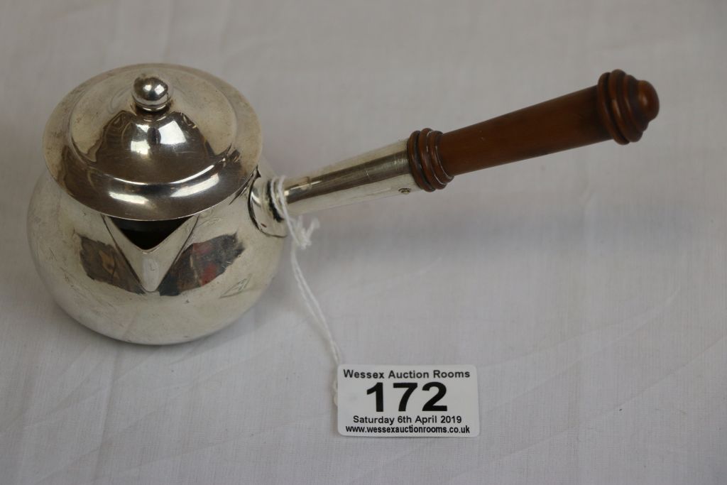 Georgian Style Silver Plated Lidded Brandy Warming Pan with Turned Wooden Handle