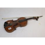 Vintage German Violin with label to interior ' Manufactured in Dresden ... Straduarius ' with Bow