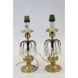 Pair of Ornate Gilt Metal Table Lights each with Crystal Drops, 30cms high