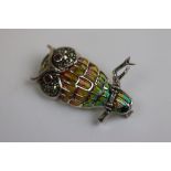 925 Silver Plique a Jour Marcasite Enamel Owl on Branch Brooch